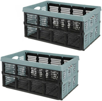 Excellent Houseware Vouwkrat/boodschappenkrat - 2x - 32 liter - zwart/groen - kunststof - 48 x 35 x 24 cm