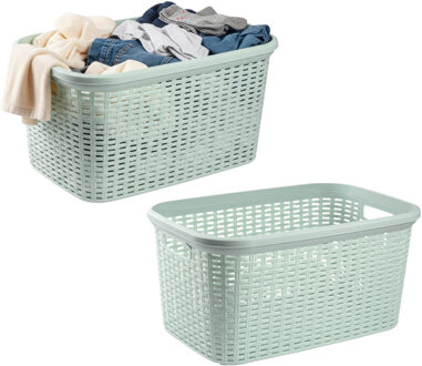 Excellent Houseware Wasmand - 2x - 35 liter - rotan - lichtgroen - kunststof - 53 x 36 x 26 cm