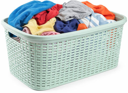 Excellent Houseware Wasmand - 35 liter - rotan - lichtgroen - kunststof - 53 x 36 x 26 cm