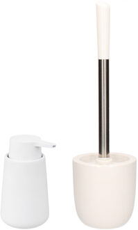 Excellent Houseware WC-/toiletborstel en houder dolomiet wit met zeeppompje 250 ml