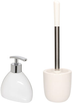 Excellent Houseware WC-/toiletborstel en houder dolomiet wit met zeeppompje 300 ml - Badkameraccessoireset