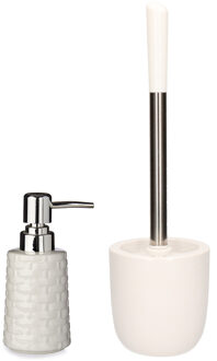 Excellent Houseware WC-/toiletborstel en houder dolomiet wit met zeeppompje 350 ml - Badkameraccessoireset
