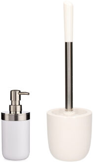 Excellent Houseware WC-/toiletborstel en houder dolomiet wit met zeeppompje 350 ml