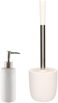 Excellent Houseware WC-/toiletborstel en houder dolomiet wit met zeeppompje 400 ml