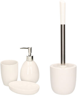 Excellent Houseware WC-/toiletborstel houder en 3-delige badkamer set wit dolomiet/rvs - Badkameraccessoireset