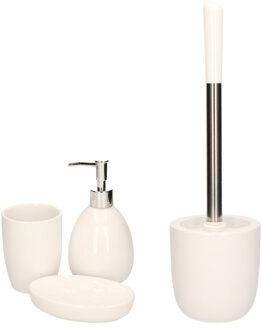 Excellent Houseware WC-/toiletborstel houder en 3-delige badkamer set wit dolomiet/rvs