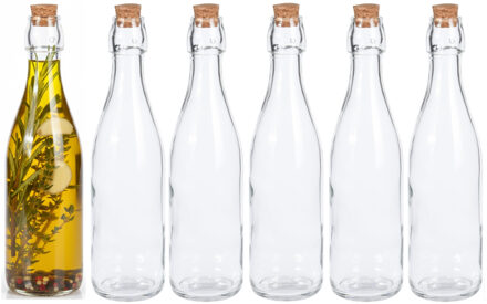 Excellent Houseware Weckflessen - 6x stuks - glas - transparant - 500 ml - met dop van kurk