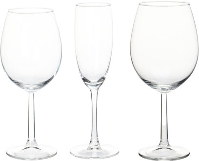 Excellent Houseware Wijnglazen set - 18-delig - glas - 3 verschillende soorten Transparant
