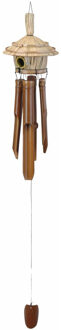 Excellent Houseware Windgong met vogelhuisje - bamboe hout - D16 x H90 cm - Tuin/balkon - Windgong