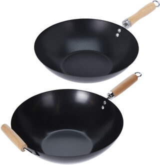 Excellent Houseware Wok / hapjes - bak pannen - 2 stuks - metaal/hout - D30 en D35 cm