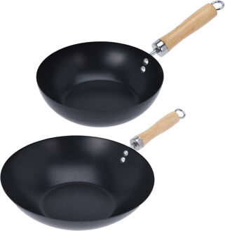 Excellent Houseware Wok/hapjes/bak pannen - 2x stuks - met antiaanbaklaag - staal - D20 en D30 cm