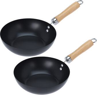 Excellent Houseware Wok/hapjes/bak pannetje met antiaanbaklaag - 2x stuks - staal - D20 cm - Koekenpannen Zwart