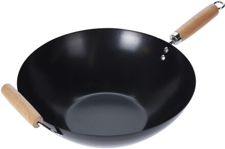Excellent Houseware Wokpan/steelwok met houten handvatten 35 cm - Steelpannen Zwart