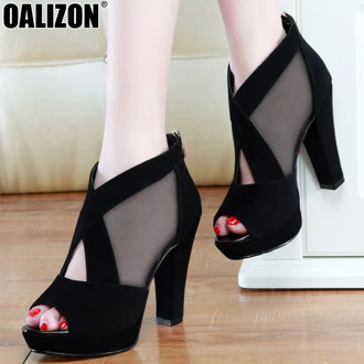 Exquisite Lady Women Summer Stylish Gauze Mesh Air Lady Casual Peep Toe High Chunky Heels Pumps Female Mujer Sandals Shoes R348