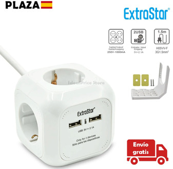 EXTRASTAR®4 Output power outlet cable cube plug, with 2 for 5V USB charging