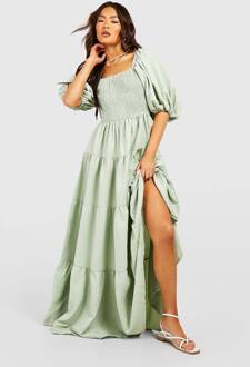 Extreme Puff Mouwen Gerimpelde Maxi Smock Jurk, Sage - 40