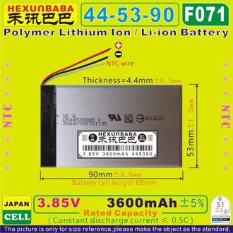 [F071] 3.85 v, 3.8 v, 3.7 v 3600 mah [445390] NTC; polymeer lithium-ion/Li-Ion batterij voor mobiele telefoon; GPS, e-book, speaker; MP5