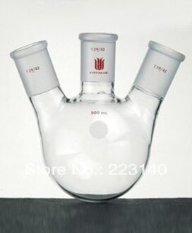 F439100 Kolf, drie hals, Angled, capaciteit: 100 ml, Center joint: 19/22, Side Joint: 14/20