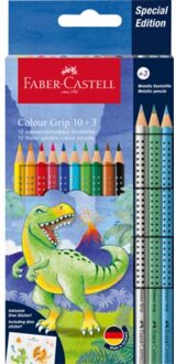 Faber-Castell kleurpotloden dino 10 kleuren grip + 3 metallic potloden, incl. dino stickers