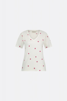 Fabienne Chapot Clt-299-tsh-ss24 phill v-neck pink flower t-shirt cream white/pink Wit - XS