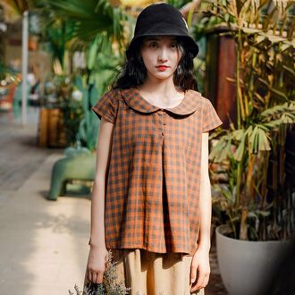 Fairynatural Vrouwen Turn Down Kraag Plaid Shirts Button Zomer Harajuku Japan Stijl Dames Blouse En Tops Korte Mouwen oranje / L
