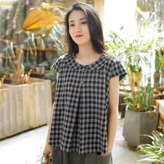 Fairynatural Vrouwen Turn Down Kraag Plaid Shirts Button Zomer Harajuku Japan Stijl Dames Blouse En Tops Korte Mouwen zwart / M