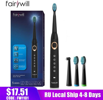 Fairywill FW-508 Electric Toothbrush 5 Modes Waterproof IPX7 3 Brush Heads Ultrasonic Automatic Tooth Brush for Adults and Kids
