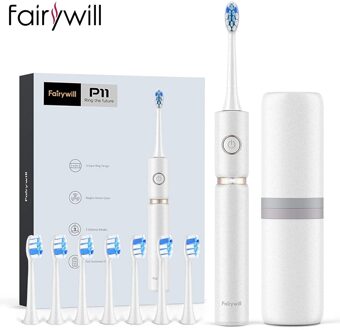 Fairywill Sonic Elektrische Tandenborstel Smart Timer Waterdicht Krachtige Snel Opladen Met 8 Vervanging Heads Draagbare Voor Reizen P11 wit