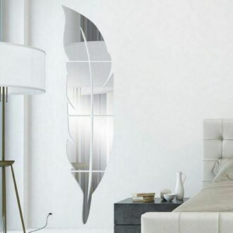 Family Living Room DIY 3D Feather Wall Sticker Acrylic Modern Mirror Decal Leaf Home Decor Zilver