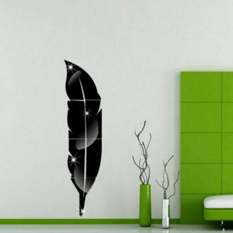 Family Living Room DIY 3D Feather Wall Sticker Acrylic Modern Mirror Decal Leaf Home Decor zwart