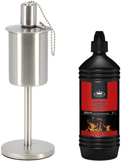 Fancy Flames Design olie/tuinfakkel - RVS - met lampenolie - 1 liter - Fakkels Zilverkleurig