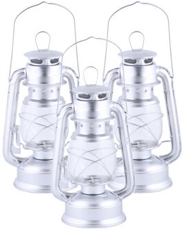 Fancy Flames Lantaarn op batterijen - 3x - zilverkleurig - LED - 12 x 15 x 24 cm - windlicht