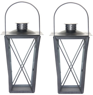 Fancy Flames Lantaarn - Set van 2x stuks - metaal - zilverkleurig - 17 x 30 cm - windlicht