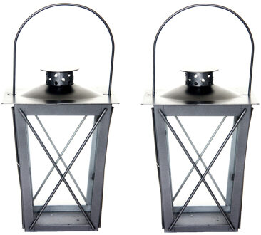 Fancy Flames Lantaarn - Set van 2x stuks - zilverkleurig - metaal - 20 x 12 cm