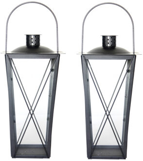 Fancy Flames Set van 2x stuks zilveren tuin lantaarn/windlicht van ijzer 20 x 20 x 40 cm - Lantaarns