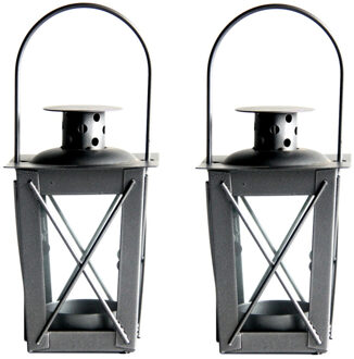 Fancy Flames Set van 2x stuks zilveren tuin lantaarn/windlicht van ijzer 7,5 x 7,5 x 11 cm - Lantaarns