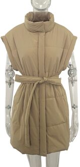 Fandy Lokar Schouderophalen Zakken Lente Herfst Vesten Vrouwen Mode Tie Riem Casual Jassen Vrouwen Elegante Stand Kraag Vesten Vrouwelijke Dames kameel / L