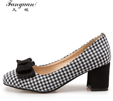 Fanyuan Women Med Chunky Heels 2018 Spring Ladies Shoes Round Toe Mix color Casual Shoes Woman Sweet Butterfly-knot Women Pumps