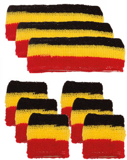 Faram Zweetbandjes set - 6x - zwart/geel/rood - verkleed accessoires - hoofd en pols - Belgie