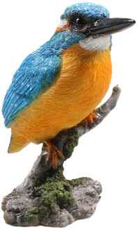 Farmwood Animals Huis/tuin deco vogel beeldje - ijsvogel - op boomstronk - polystone - 9 x 15 cm