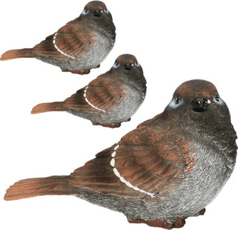 Farmwood Animals Huismus vogel beeldje - 3x stuks - 14,5 x 6,5 x 8,5 cm - woondecoratie - tuinvogel beeldjes