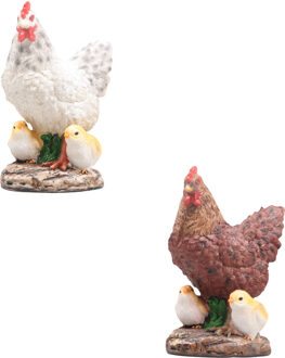 Farmwood Animals Kip met kuiken tuin beeldje 2x - voor binnen/buiten - 15 x 10 x 20 cm - dieren tuinbeelden