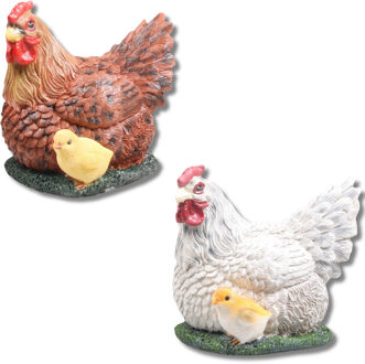 Farmwood Animals Kip met kuiken tuin beeldje 2x - voor binnen/buiten - H19 cm - dieren tuinbeelden