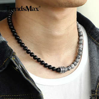 Fashion 2019 New Natural Tiger Eyes Map Stone Necklace For Men Women Stainless Steel Black Glass Bead Yoga Necklace TNB001