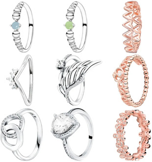 Fashion 925 Sterling Silver Rings Sparkling Angle Wing Crown Rose Golden Heart Ring Anniversary Rings for Women Jewelry