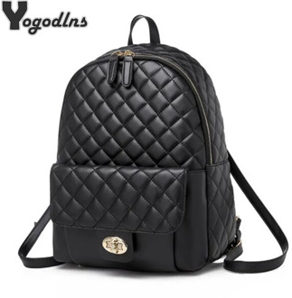 Fashion Black PU Leather Backpack Female Plaid Backpacks for Adolescent Girls Women Spliced Casual Small School Bag