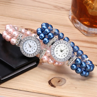 Fashion Casual Women Watch Pearl String Strap Quartz Wrist Rhinestone Watch Free Shopping
