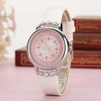 Fashion Children Kids Girls Watch Rhinestone Flower PU Leather Strap Wristwatch Student Cartoon Quartz Watches H9