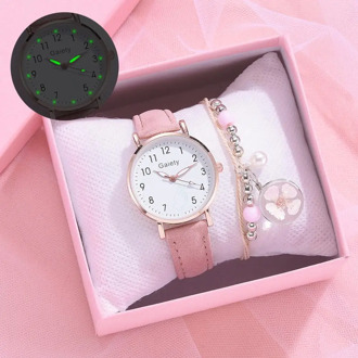 Fashion Children's Set Bracelet Watch Student Children Pink Watch Girl Leather Strap Children's Digital Quartz Watch Gift Clock