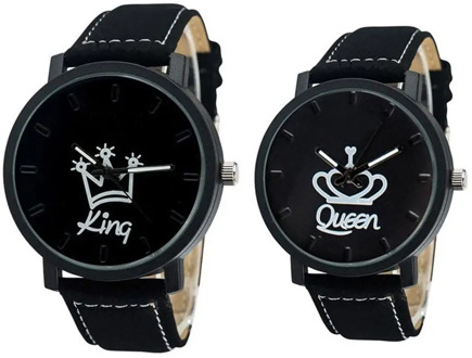 Fashion Couple Watches Queen King Crown Fuax Leather Quartz Analog Men and Women Wrist Watch Chronograph Valentine Gift